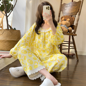 长裤 秋季 女可爱雪梨兔蕾丝花边长袖 纯棉睡衣套装 棉纱家居服女 新款