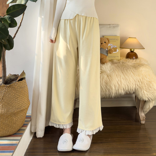 冬季薄绒奶黄可外穿花边睡裤