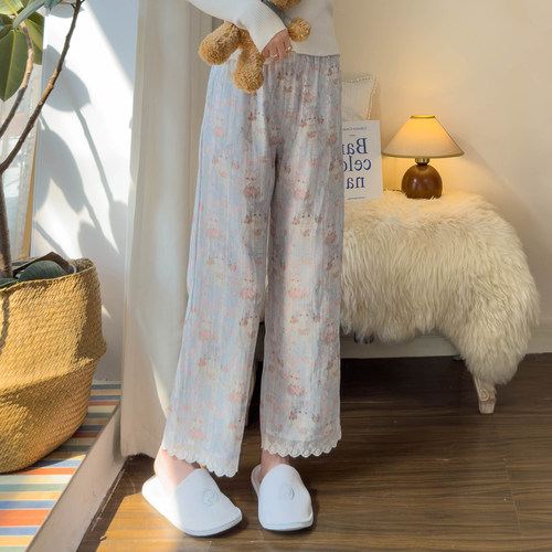 印花带口袋可爱猫咪长裤棉纱睡裤