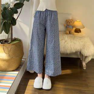 春秋薄款纯棉复古印花睡裤女可外穿小个子遛弯阔腿裤有口袋家居裤
