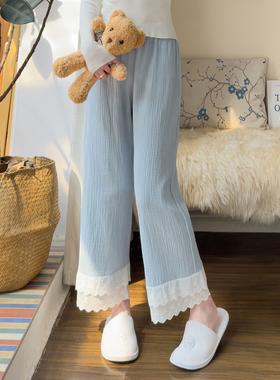 春夏季新款纯棉棉纱睡裤甜美蓝色家居裤双层花边九分睡裤女可外穿