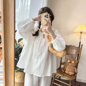 秋季纯棉睡衣女纯白色甜美公主风灯笼袖花苞长裤棉纱家居服套装女
