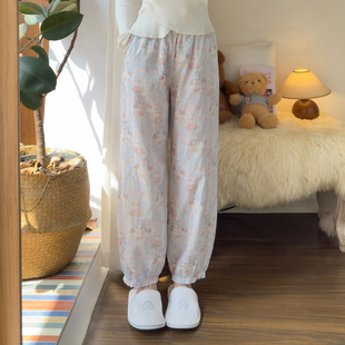 夏季纯棉睡裤女甜美可爱猫咪印花遛弯长裤束脚花苞裤棉纱空调裤女