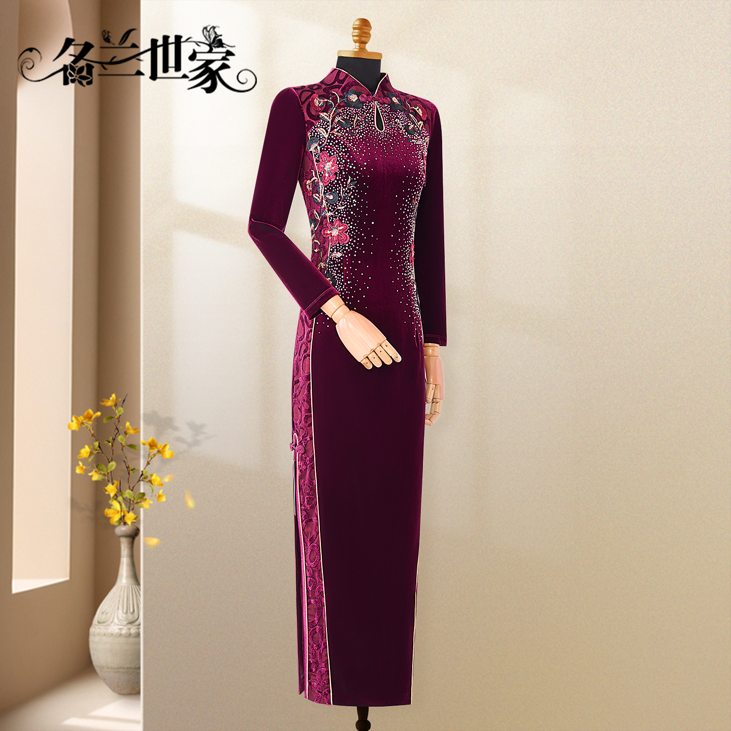 新中式旗袍国风主持人丝绒连衣裙