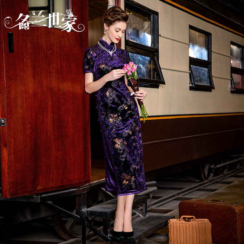 名兰世家原创新款金丝绒年会主持人旗袍国风高端改良版婚礼连衣裙