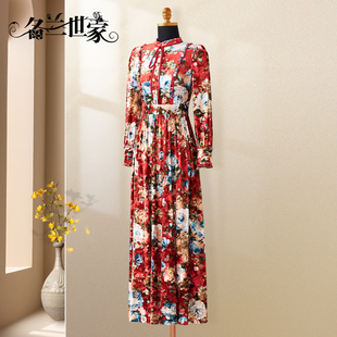 名兰世家优雅气质碎花长袖连衣裙小众设计感平时可穿裙子