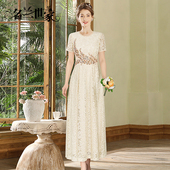 名兰世家婚礼妈妈礼服新款 喜婆婆连衣裙平时可穿 圆领杏色蕾丝短袖
