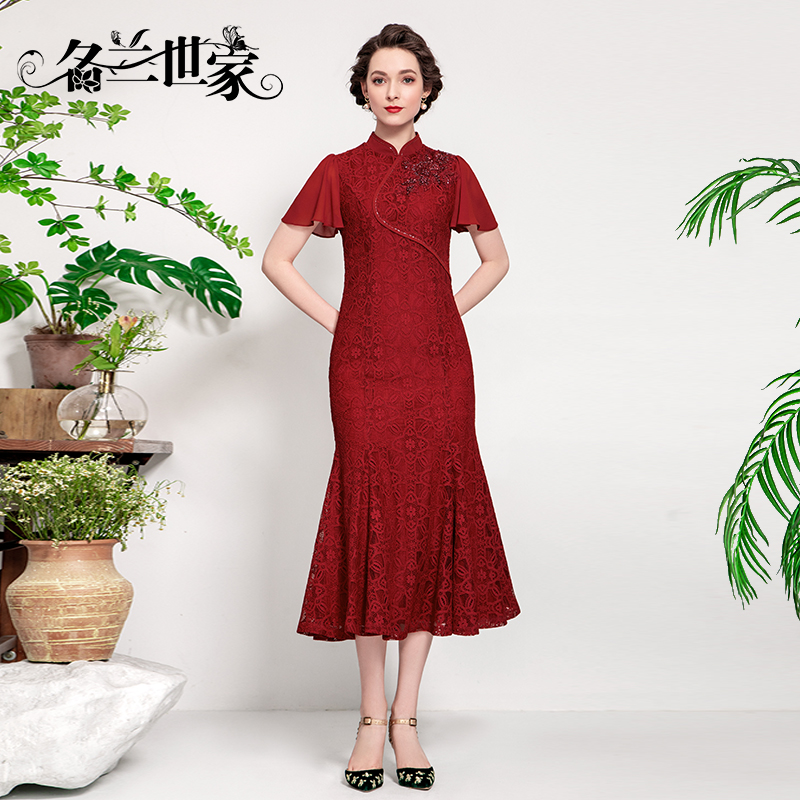 名兰世家喜婆婆荷叶袖鱼尾晚礼服