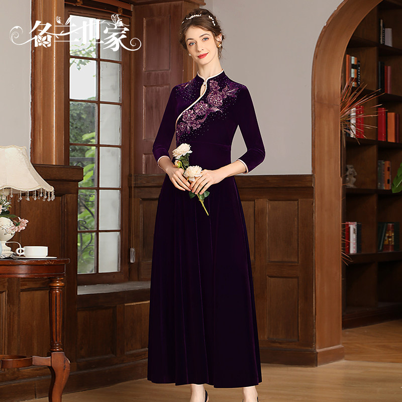 名兰世家（紫罗兰）妈妈婚宴礼服旗袍喜婆婆婚礼装宴会连衣裙丝绒,女装/女士精品,礼服/晚装,淘宝优惠券,粉丝福利购,淘宝优惠卷