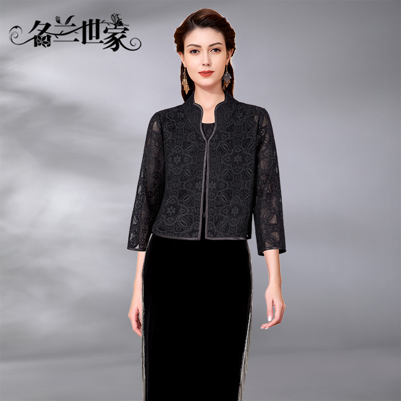 名兰世家款百搭薄款短外套原创手工网纱蕾丝短夏装新款立领七分袖