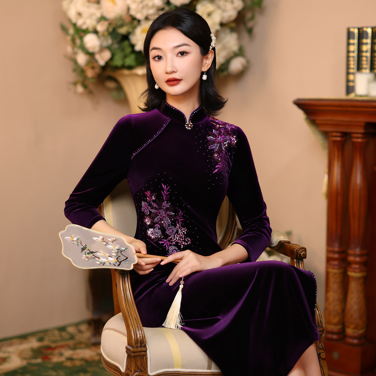 名兰世家高端丝绒改良旗袍长袖秋