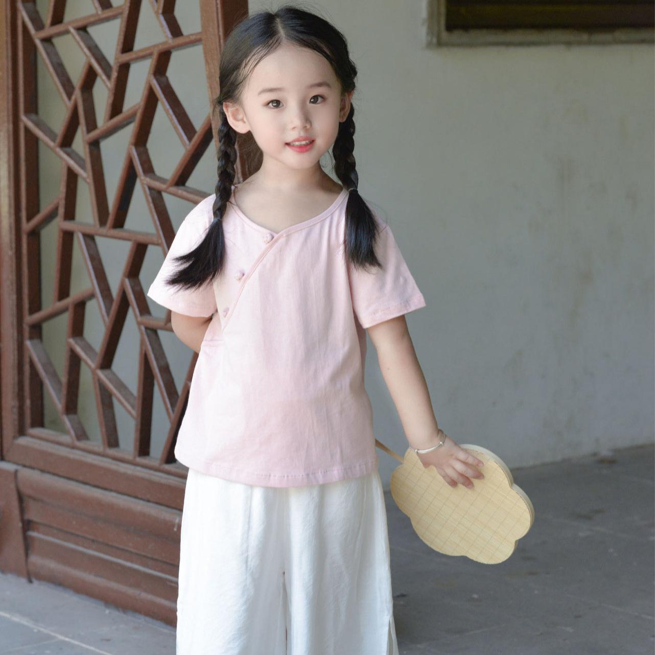 春夏新款童装T恤女童盘扣上衣棉麻儿童圆领衫宝宝汉服亲子装
