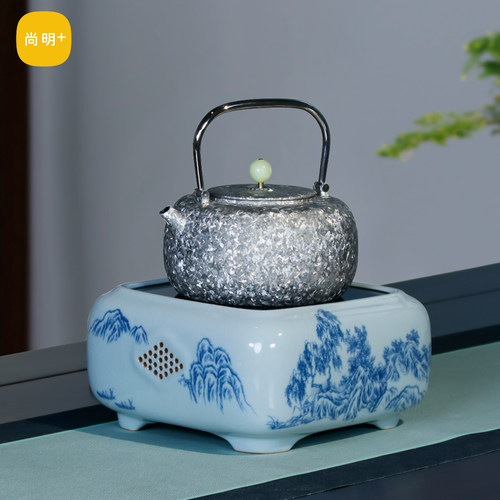 尚明汝窑手绘青花煮茶炉