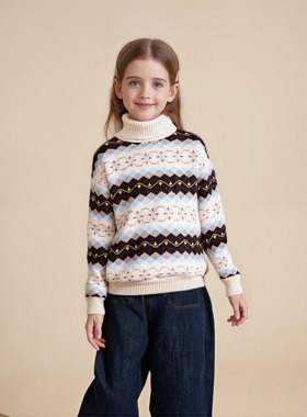 女童高领毛衣中大童菱格复古风保暖打底衫儿童秋冬舒适新款加厚童