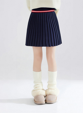 女童针织半身裙秋冬季儿童裙子新年女大童藏青百褶短裙学院风加厚