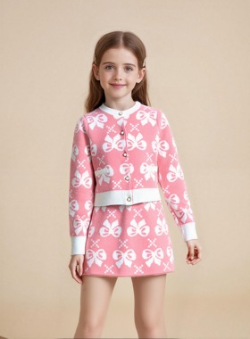 新春款套装中大儿童装针织拜年开衫外套新年礼物洋气蝴蝶时髦外穿