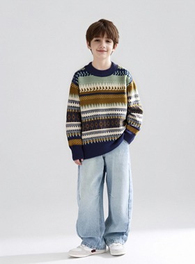 舒适新款儿童复古花色圆领毛衣男童冬季加厚套头打底衫潮童装内搭