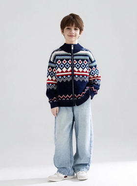 男童毛衣秋冬费尔岛复古中大儿童装针织开衫外套洋气撞色拉链潮流