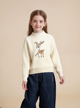 女童新款小鹿刺绣秋冬款毛衣舒适新款珍珠洋气套头中大童毛茸茸