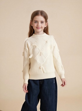 舒适新款加厚女童洋气绑带毛衣舒适上衣淑女风儿童大童爆款针织衫