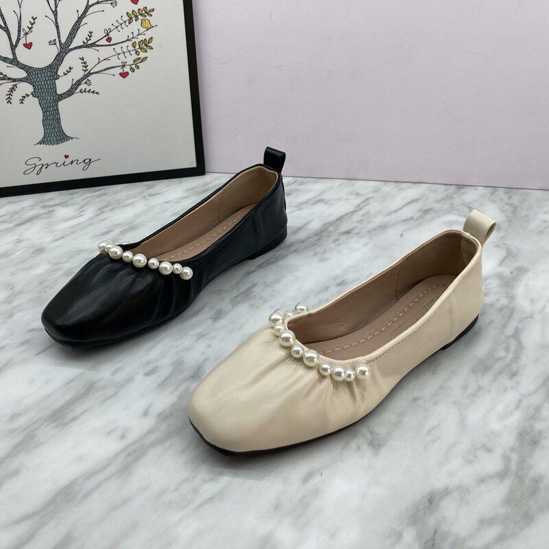 2021春季断码清仓女鞋甜美珍珠浅口软底女单鞋方头百搭孕妇平底鞋