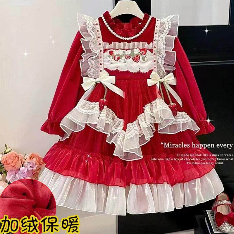 秋冬女童加绒红色草莓公主连衣裙
