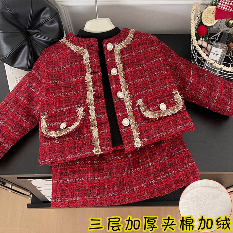 女童小香风红色加绒外套短裙套装