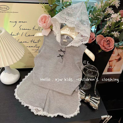 夏女童无袖连帽T恤背心短裤套装