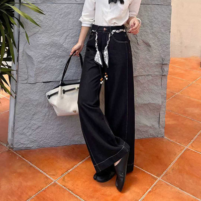 爆犀牛~春秋黑金色阔腿牛仔裤