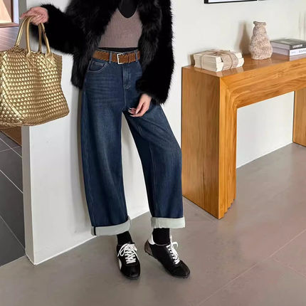 韩尚裤业2025冬季新款宽松九分哈伦牛仔裤女加绒小个子直筒男友裤