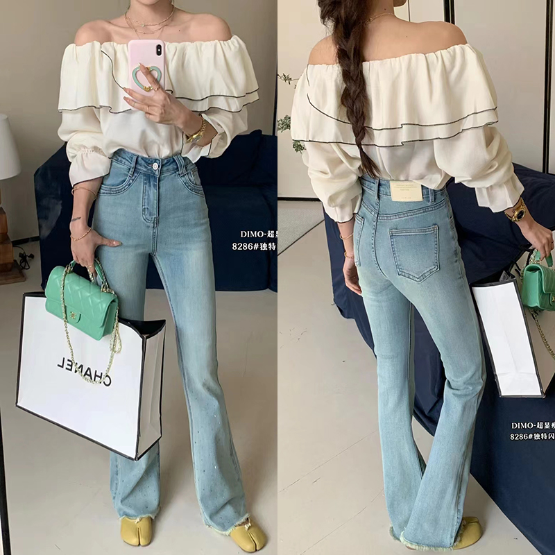 DIMO~微喇牛仔裤毛边烫钻