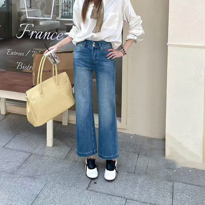 【四面弹】2026春夏筒喇裤女九分窄版直筒微喇裤小个子喇叭牛仔裤