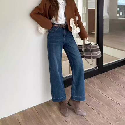 韩尚裤业2025秋冬新款加绒宽松直筒牛仔裤女小个子九分弹力奶奶裤