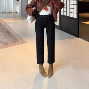 韩尚裤业2025冬新款高腰弹力加绒黑色烟管牛仔裤女显瘦九分直筒裤