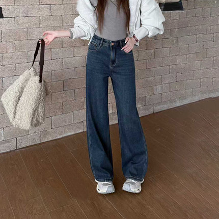 韩尚裤业2025冬新款高腰刺绣加绒加厚阔腿牛仔裤女垂感宽松直筒裤