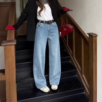 浅色欧货刺绣加绒垂感阔腿牛仔裤