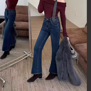 女弹力小个子九分喇叭裤 韩尚裤 微喇牛仔裤 加绒修身 业2025秋冬新款