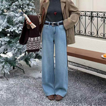 韩尚裤业2025冬季新款加绒加厚浅色刺绣阔腿牛仔裤女宽松直筒长裤