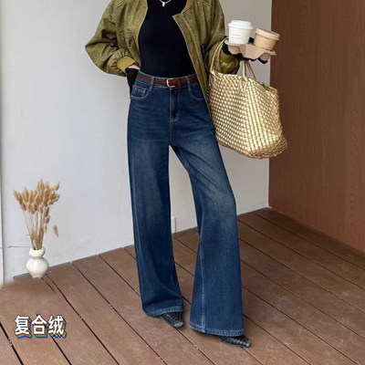 爆犀牛~加绒阔腿牛仔裤窄版显瘦