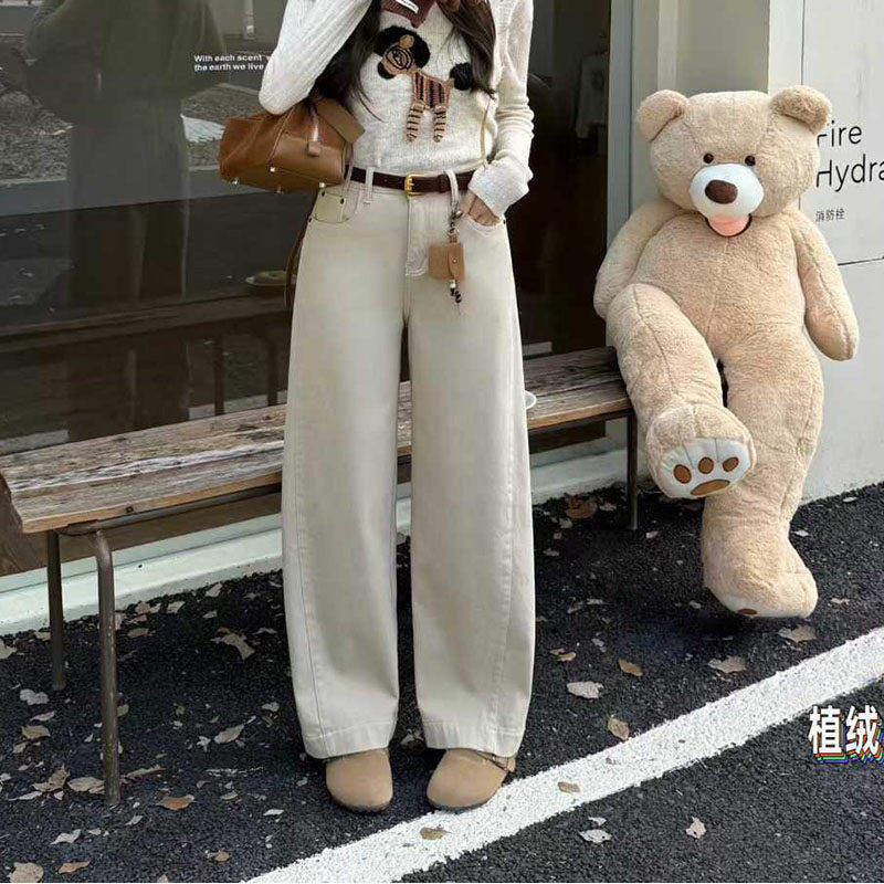 爆犀牛2025秋冬新款宽松杏色加绒阔腿牛仔裤女弯刀裤高腰显瘦直筒,女装/女士精品,牛仔裤,淘宝优惠券,粉丝福利购,淘宝优惠卷