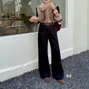 女宽松显瘦直筒长裤 爆犀牛2025秋冬新款 防褪色加绒弹力阔腿牛仔裤