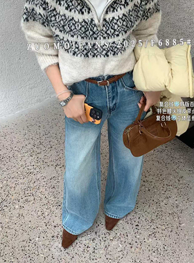 高支高密！2025秋冬加绒加厚浅色牛仔裤女窄版直筒阔腿裤高腰显瘦