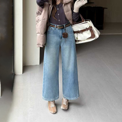 反季加绒冬季阔腿九分牛仔裤显瘦