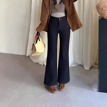 韩尚裤业2025冬季新款加绒高腰弹力微喇牛仔裤女小个子显瘦喇叭裤