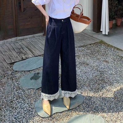 爆犀牛2025春夏新款防掉色深蓝蕾丝裤脚九分阔腿裤女小个子直筒裤