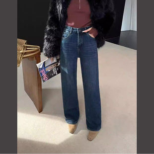 韩尚裤业2025冬季新款高腰宽松窄版加绒阔腿牛仔裤女垂感直筒长裤
