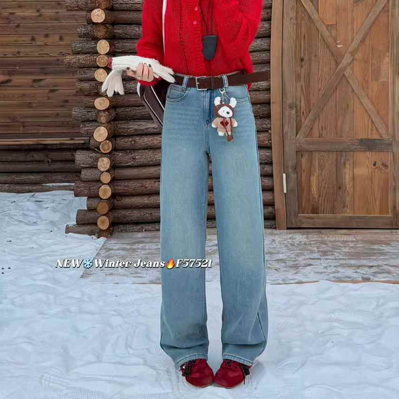 超柔软！冬天不冻腿！2025秋冬窄版直筒裤女浅蓝色牛仔裤加绒加厚