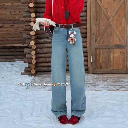 超柔软！冬天不冻腿！2025秋冬窄版直筒裤女浅蓝色牛仔裤加绒加厚
