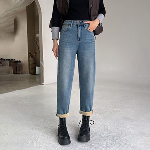 卷边哈伦裤 加厚复合绒 女九分浅色牛仔裤 高腰加绒老爹裤 2025冬季