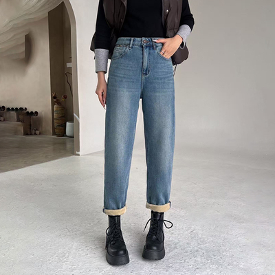 加厚复合绒！2025冬季高腰加绒老爹裤女九分浅色牛仔裤卷边哈伦裤